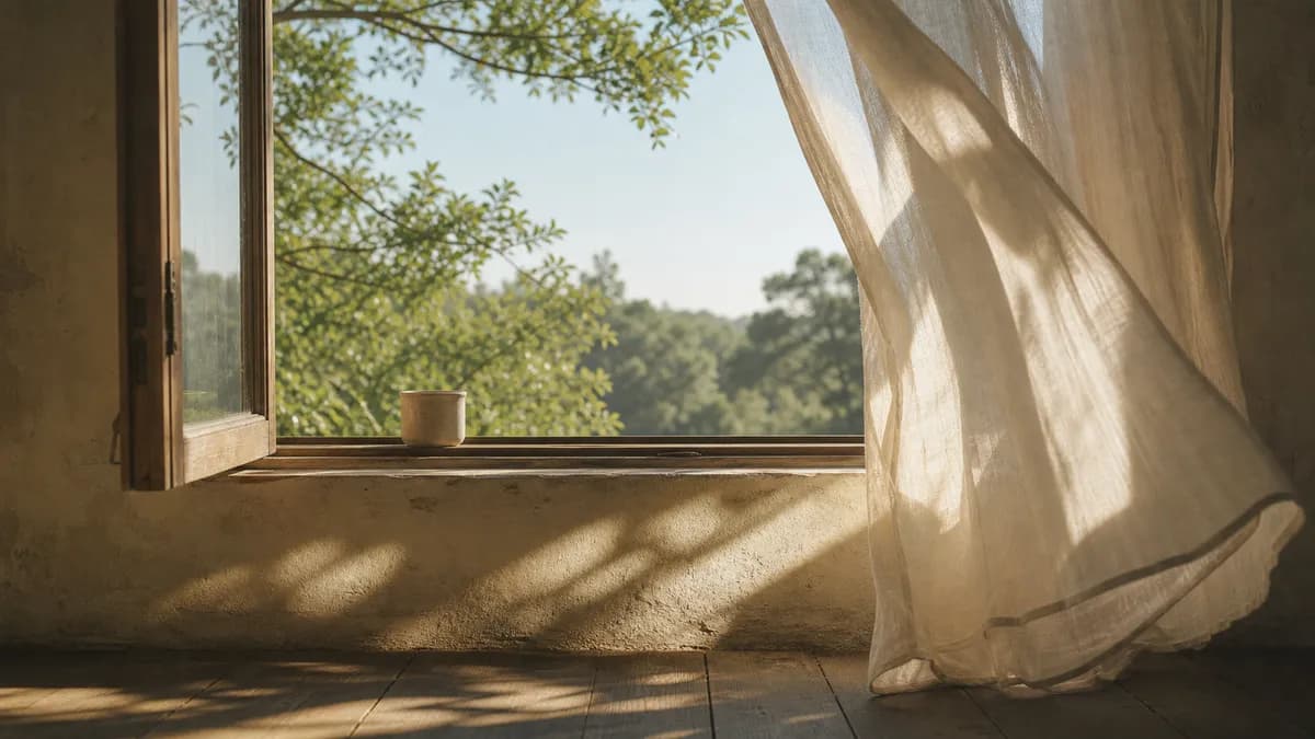 A sheer curtain billows at an open window in warm sunlight, a small cup on the sill, green trees beyond.