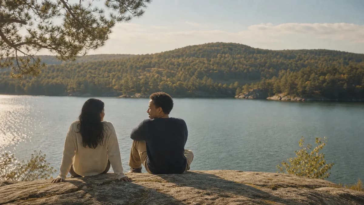 A couple sits on a warm rock overlooking a calm forest lake, turned toward each other mid-conversation.