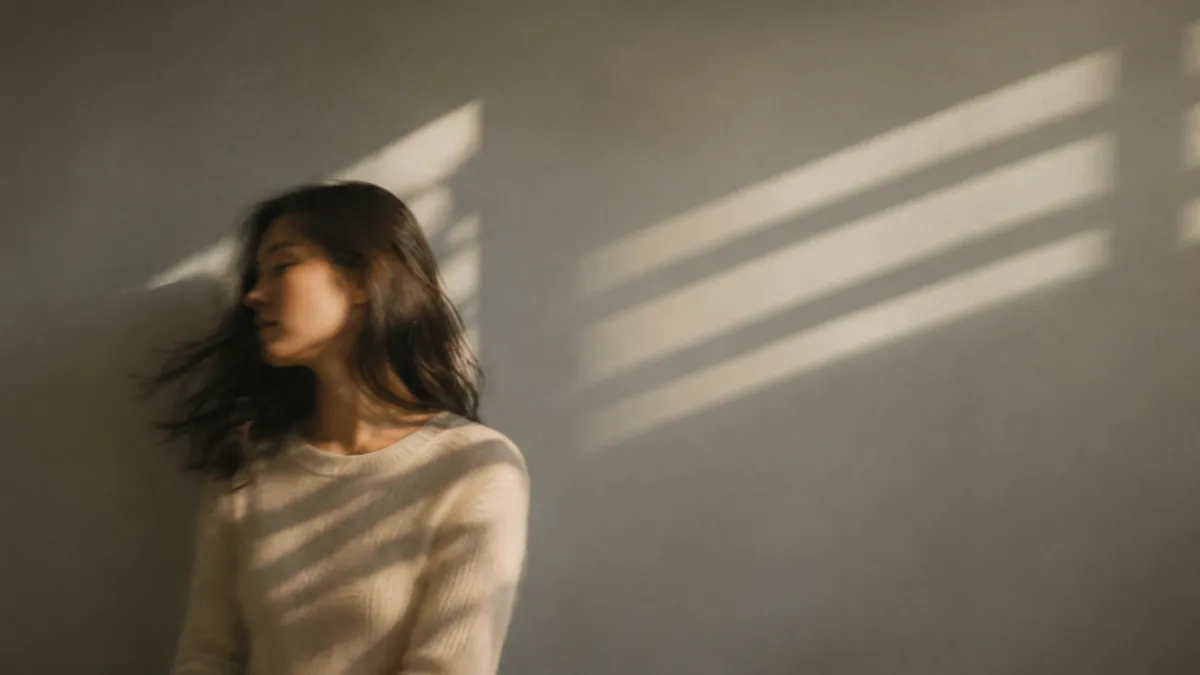 A woman leans against a wall with her eyes closed, her figure blurred with motion, bands of window light striping the wall behind.