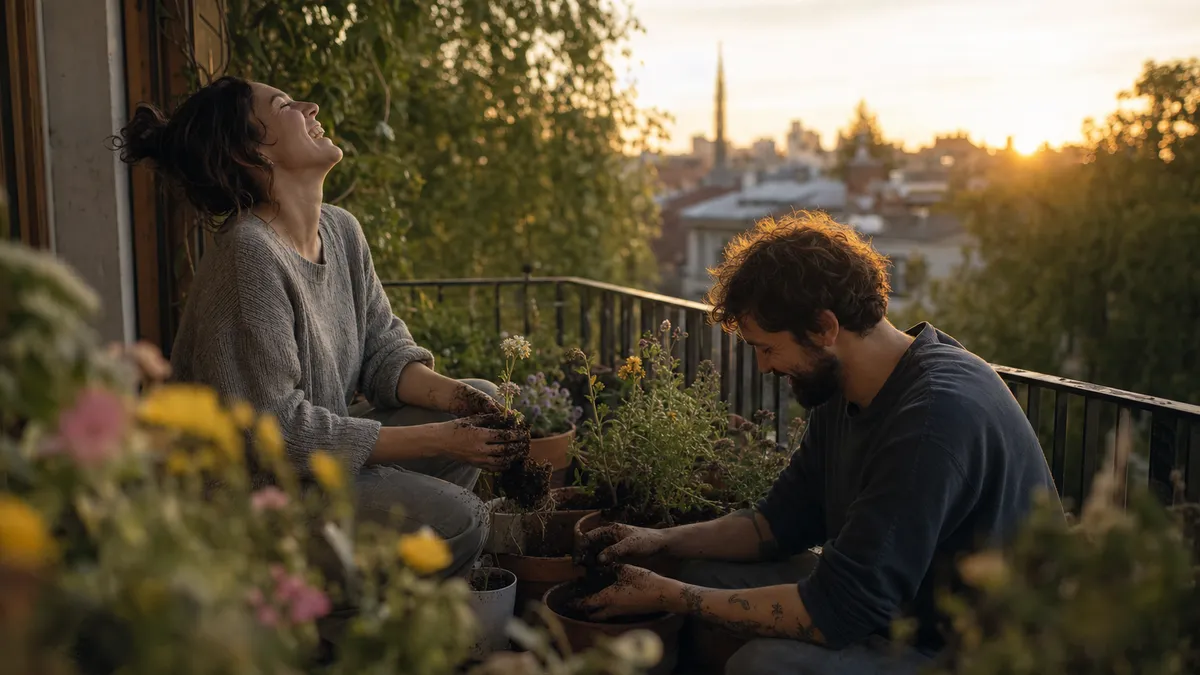 Two people repot herbs and flowers together on a balcony at golden hour, a city skyline behind them.