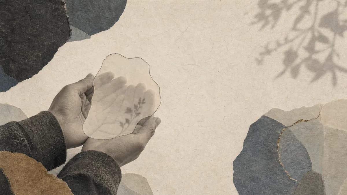 Cupped hands hold a translucent pressed-flower leaf over a paper collage of stones and leaf shadows.