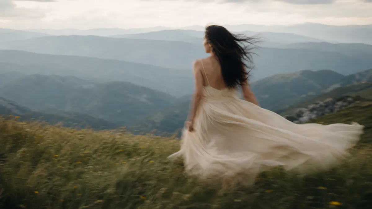 A woman in a flowing cream dress moves through a mountain meadow, her dark hair and skirt caught in the wind.