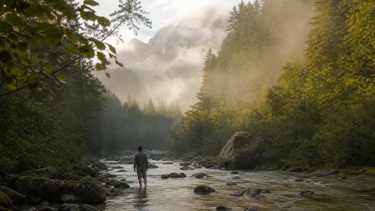 A man stands barefoot in a shallow forest river, mist drifting through the pines and mountains beyond.