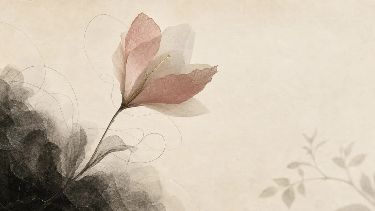 A soft pink magnolia blooms above dark charcoal leaves on pale textured paper.