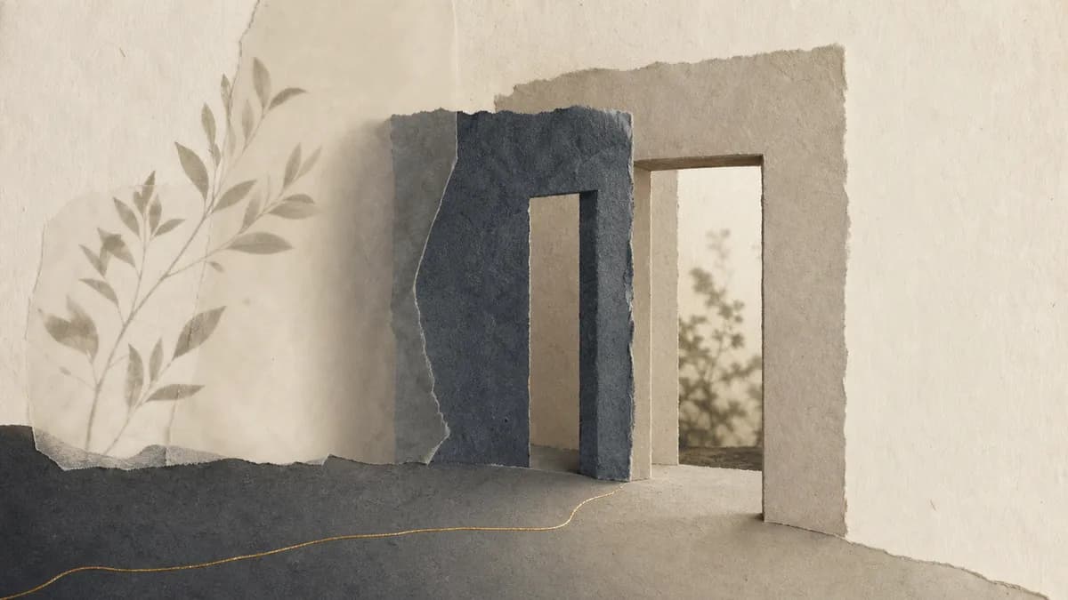 Nested torn-paper doorways in slate and stone recede toward a soft-lit opening, a plant shadow and gold thread nearby.