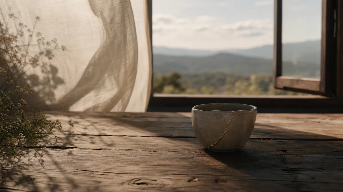 A pale ceramic bowl mended with a gold kintsugi seam sits on a windowsill open to soft blue mountains.