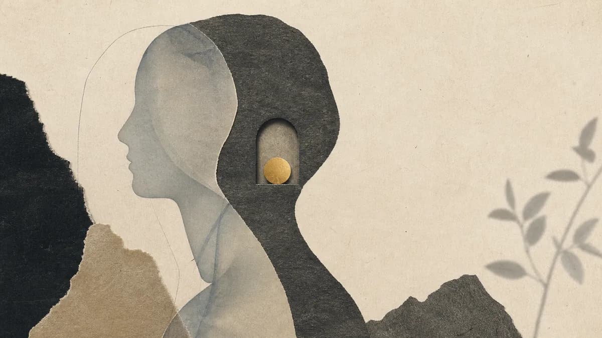 A paper-collage profile cradles a small glowing golden seed at its center.