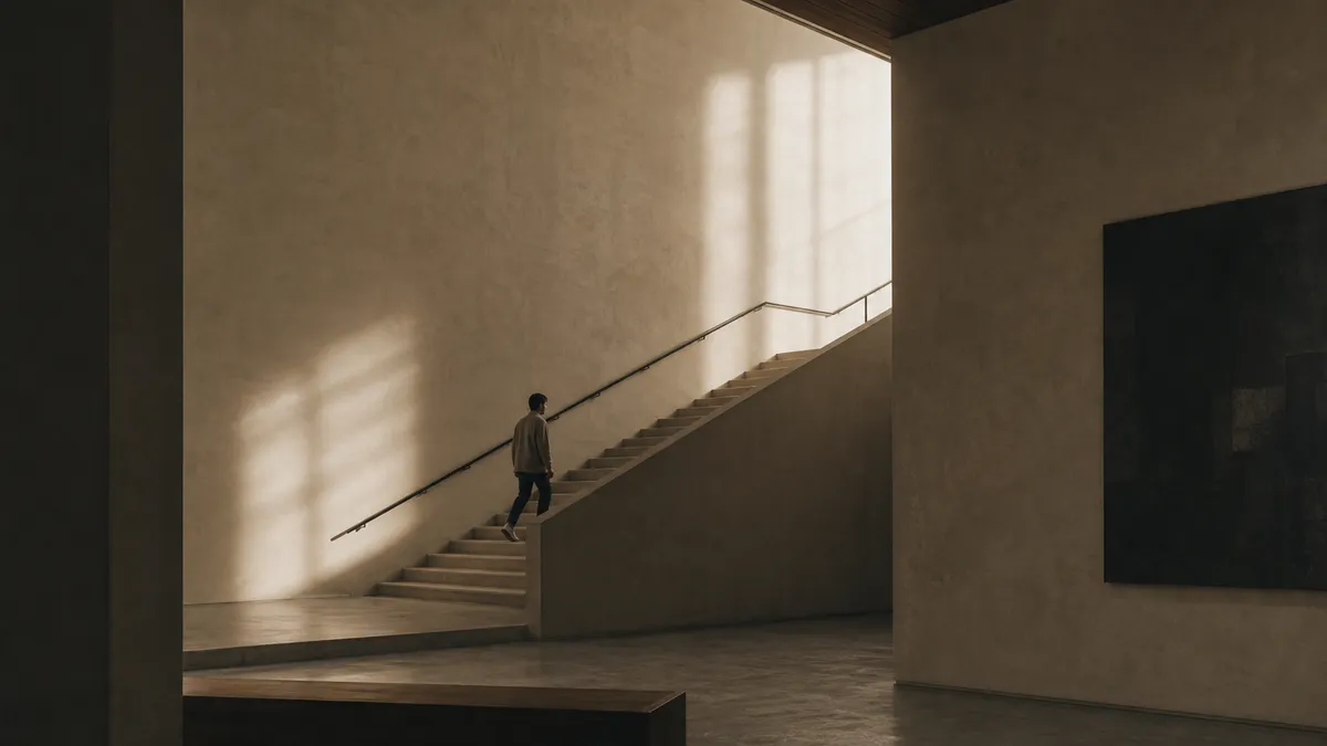 A man climbs a minimalist stone staircase through bands of warm window light in a quiet plaster hall.