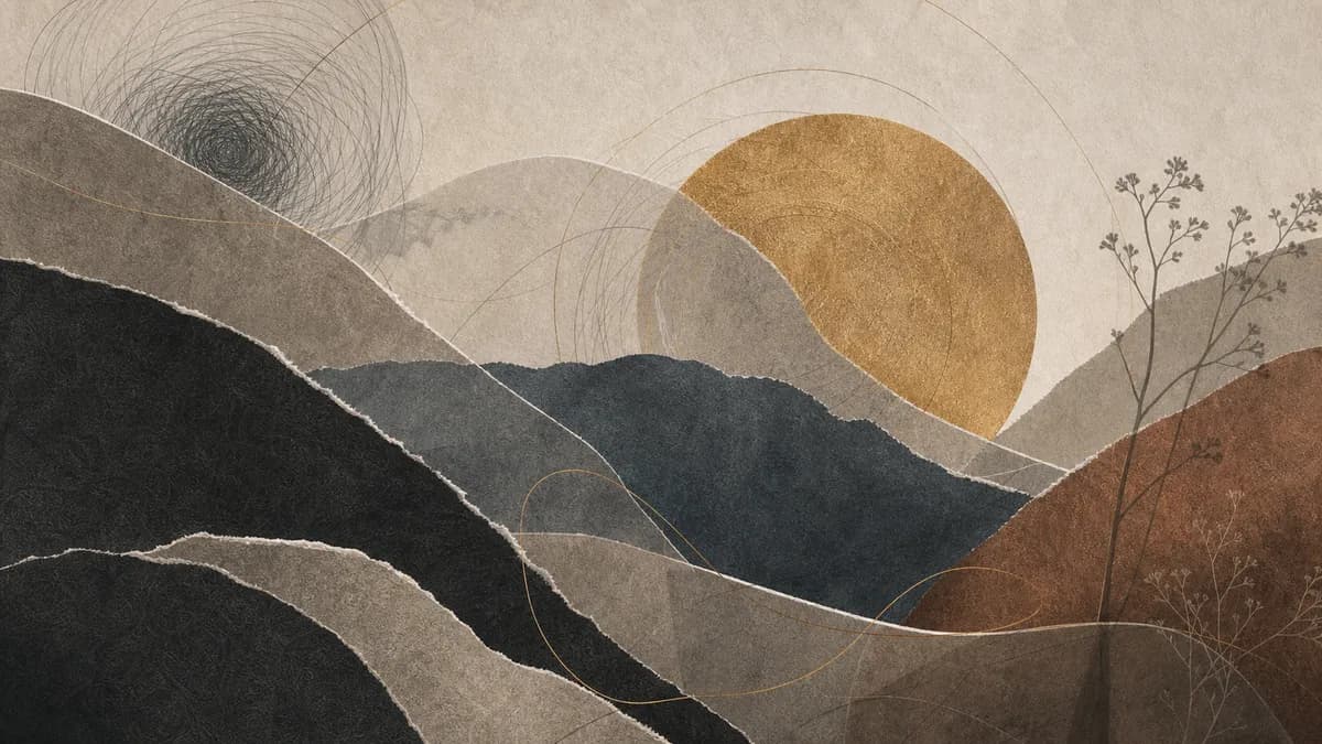 A large gold sun rises over layered paper-collage hills, a faint tangle of lines dissolving at the upper edge.