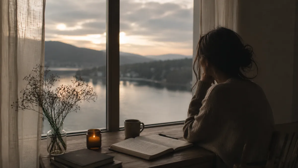 A woman sits at a window desk journaling by candlelight, a mug and dried flowers beside her, a calm lake and soft sunset beyond the glass.