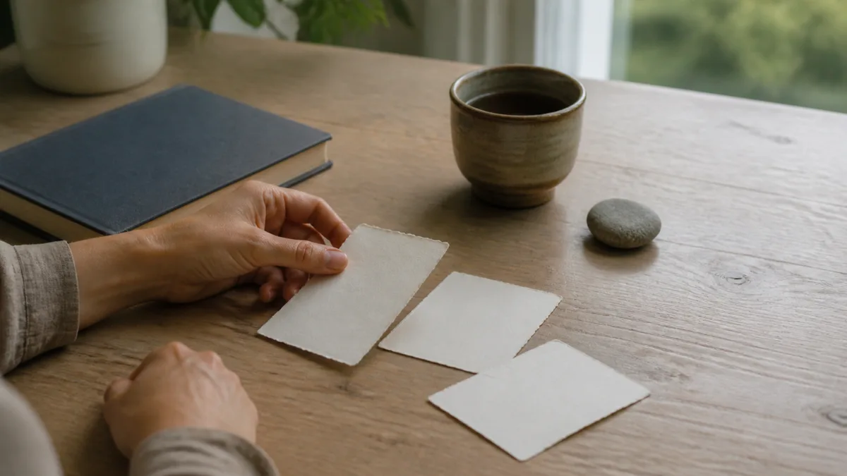 A person arranges three blank handmade-paper cards beside a closed notebook, a ceramic cup, and a smooth stone on a wooden table.