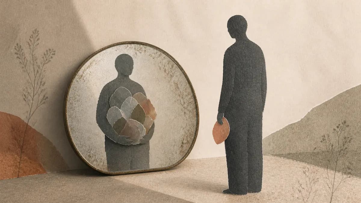 A paper-collage figure holds a single russet leaf while its reflection in a round gilt mirror holds a whole overlapping cluster of them.
