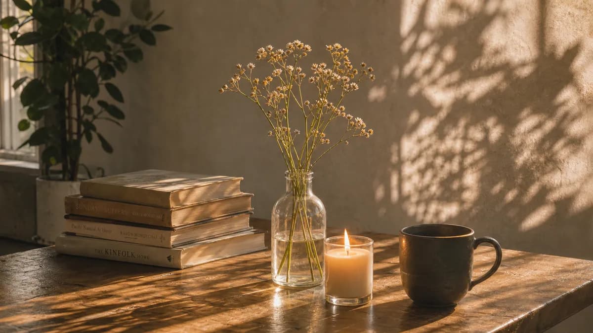 A clear vase of dried flowers, a lit candle, a dark mug and a stack of books on a sunlit wooden table.
