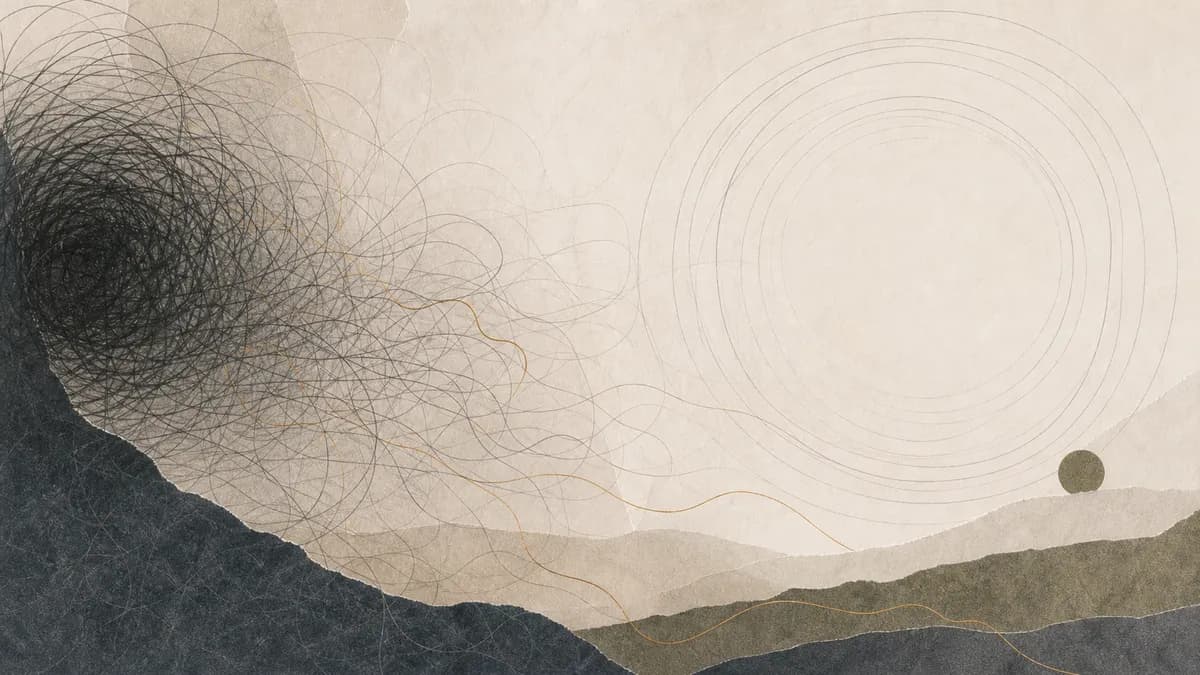A dark tangled scribble on the left loosens across paper hills into calm concentric rings around a small setting sun.