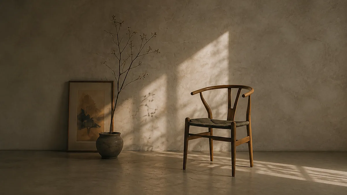 A wooden wishbone chair stands in warm afternoon light against a plaster wall beside a framed landscape and a tall dried branch in a stone pot.