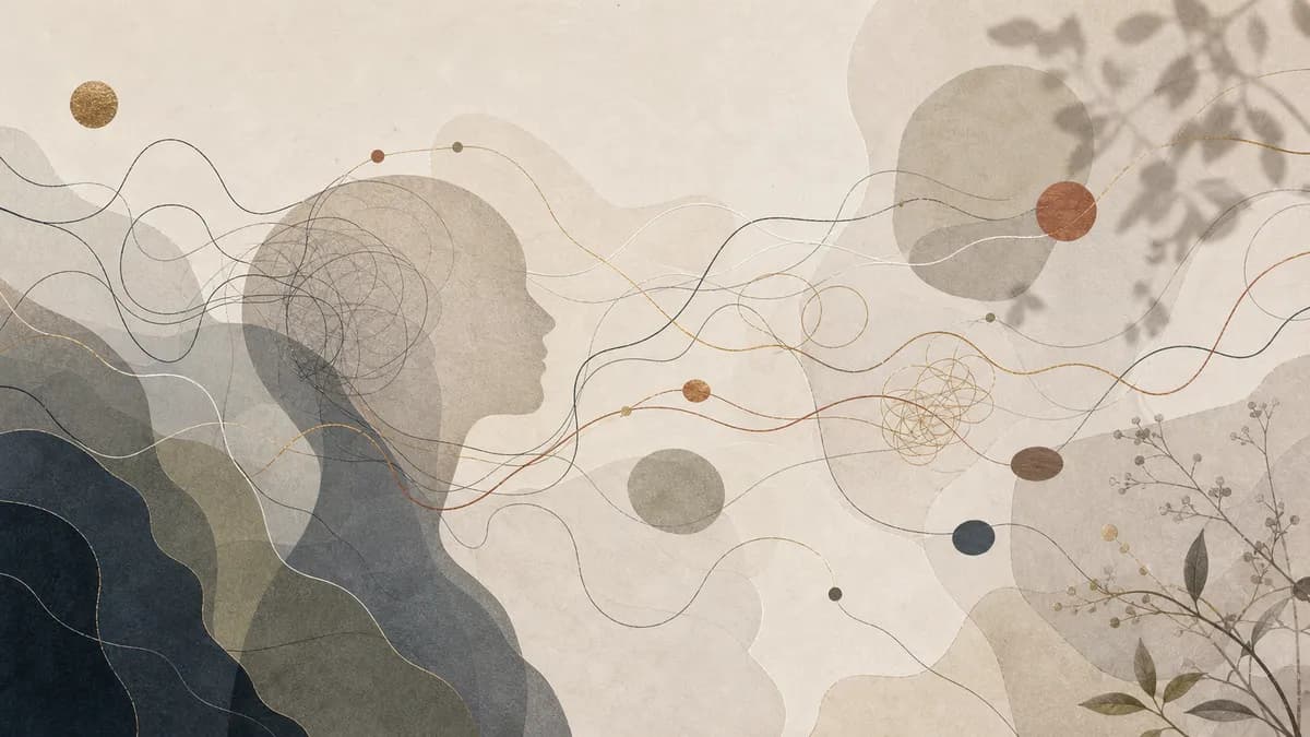 A paper-collage head in profile filled with a dense tangle of scribbled dark lines that loosen into threads and dots.