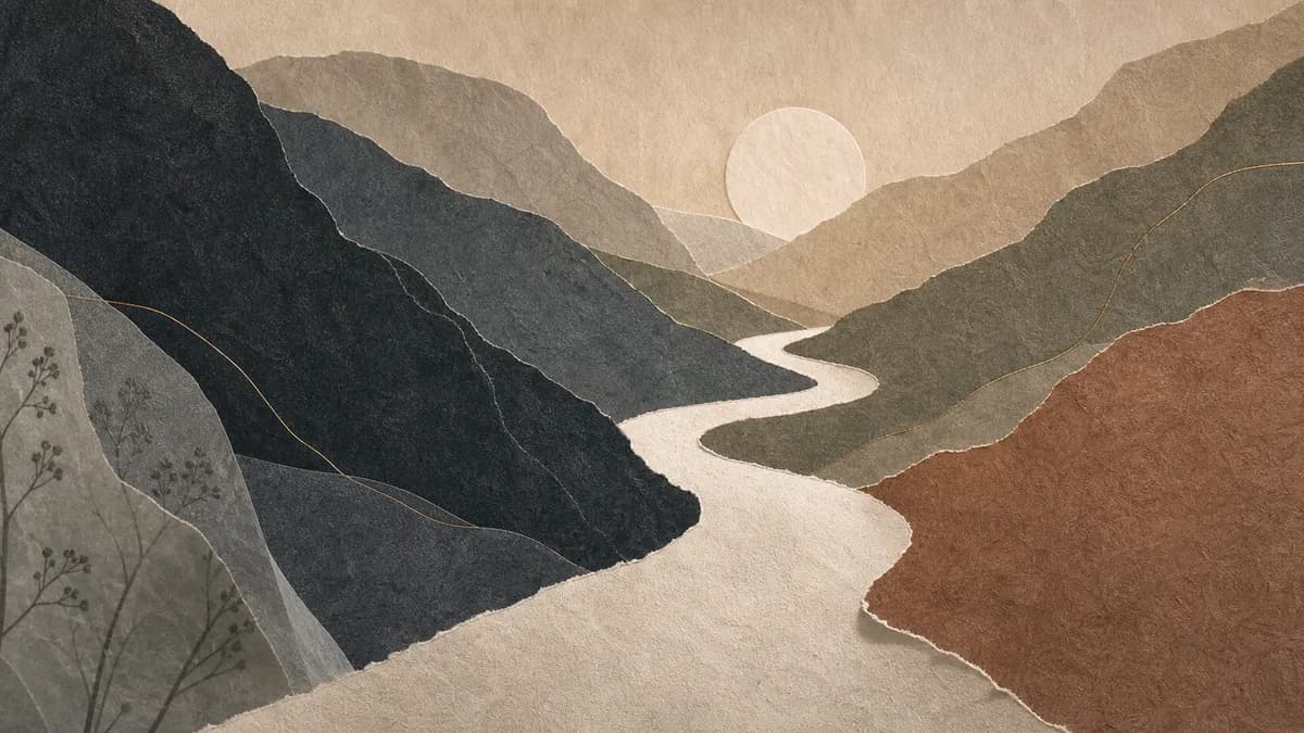A pale path winds between layered torn-paper mountains toward a rising paper moon, gold threads tracing the slopes.