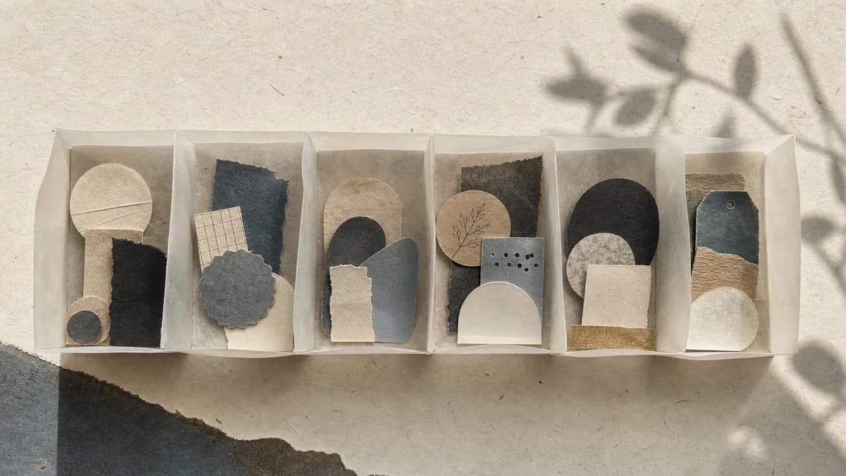 A row of small paper compartments on a shelf, each holding a different folded-paper shape.