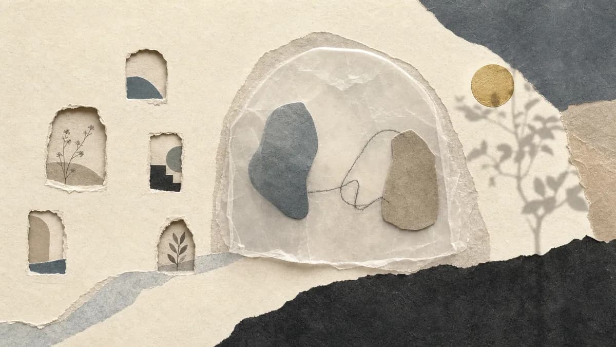 A cream paper wall cut with small arched niches, each framing a different tiny collaged scene, beside a translucent dome holding two stones.