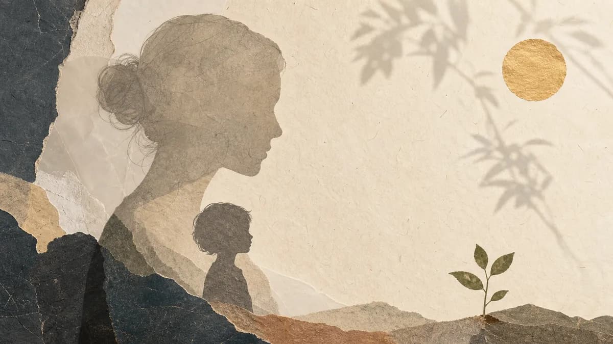 A large adult head in profile in torn-paper collage holds a smaller child profile within it, a sprout and gold sun nearby.