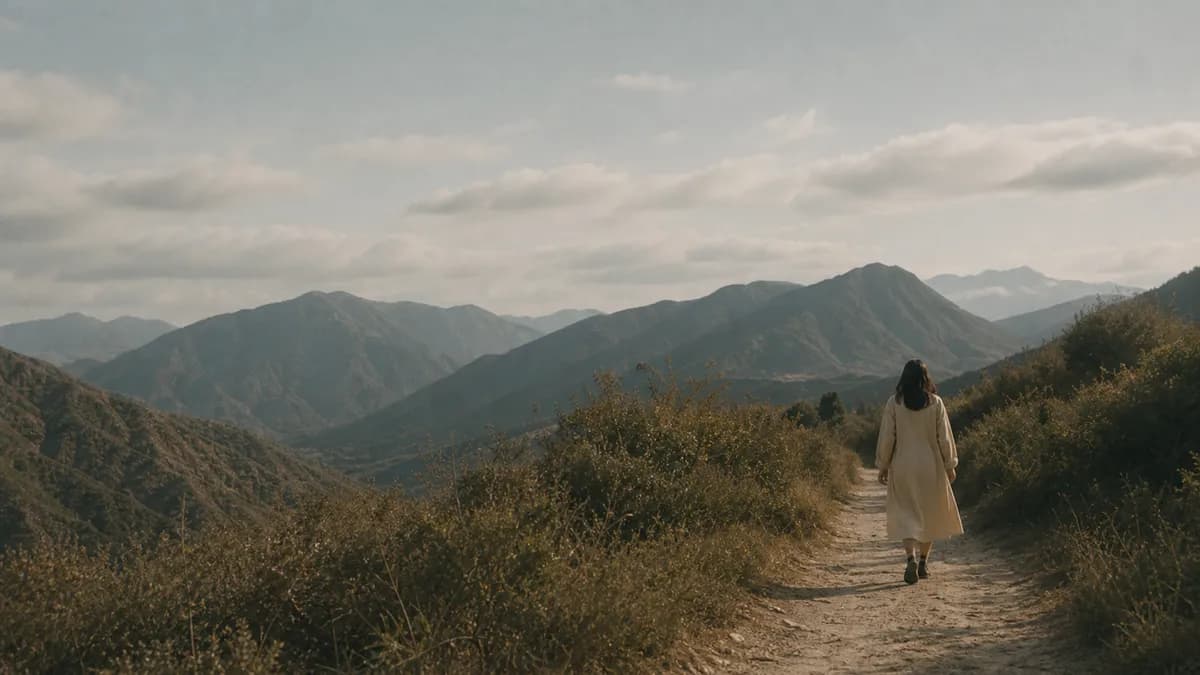 A woman in a pale dress walks a dirt path toward layered mountains under a soft, cloud-scattered sky.
