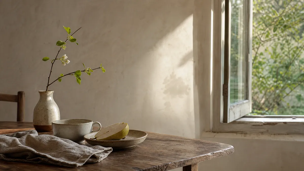 A blossoming branch in a stoneware vase, a mug and a halved pear on a rustic table in soft window light.