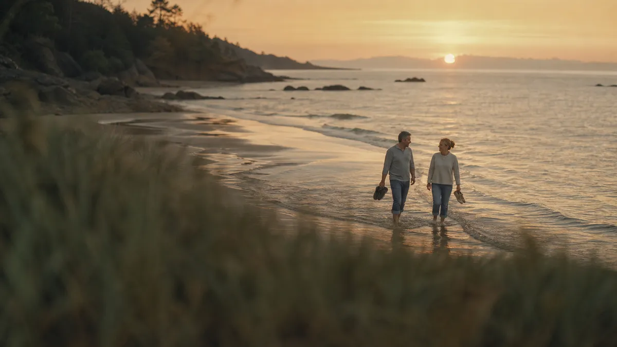 A mature couple walk barefoot along the water’s edge at sunset, shoes in hand, warm light spread across the calm sea.