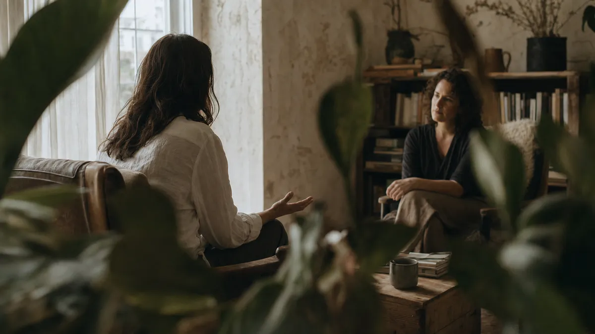 A therapist listens attentively in a warm lamplit room filled with plants, her client gesturing mid-conversation in an armchair by the window.