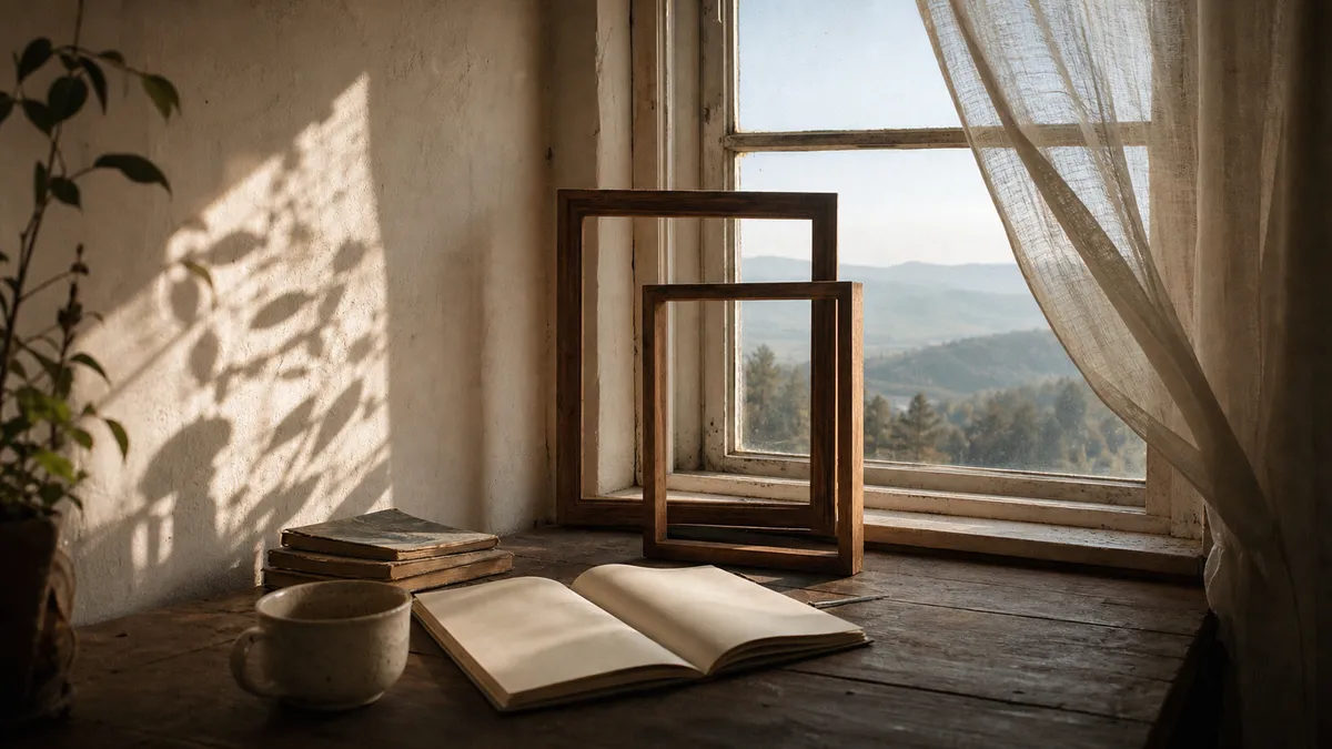 An open blank journal, a mug, old books and two empty wooden frames on a sunlit windowsill overlooking soft hills.