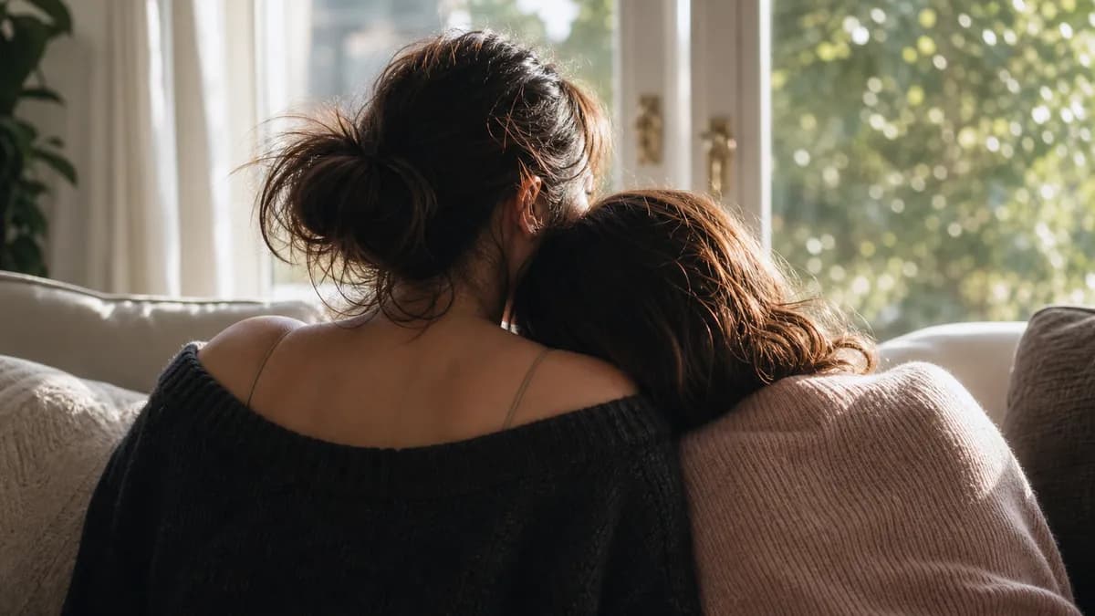 Two women lean together on a couch in soft window light, one resting her head on the other’s shoulder.