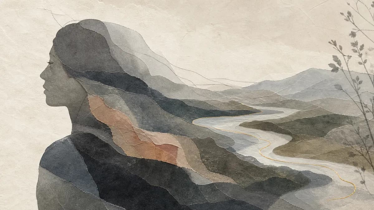 A woman’s collaged profile flows into a torn-paper river valley, a fine gold thread winding through it.