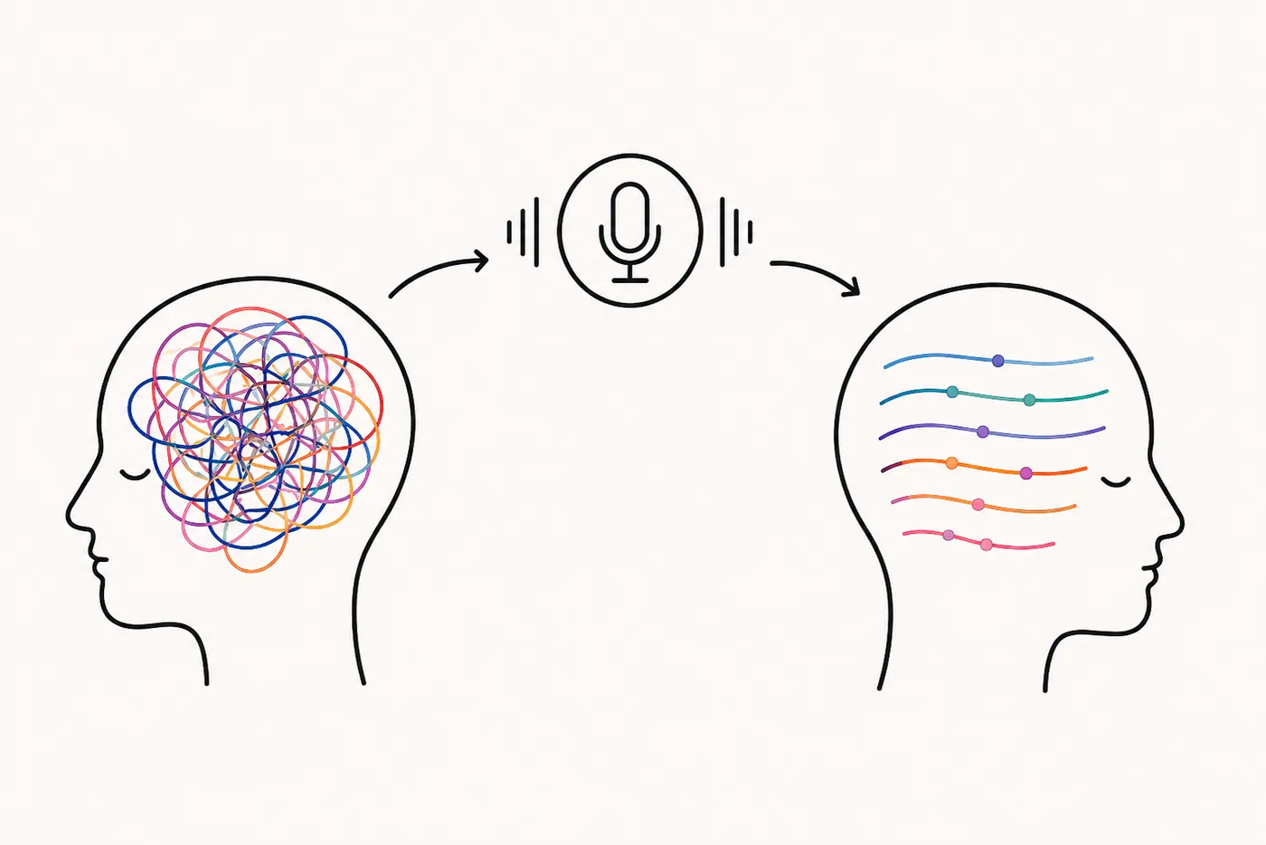 A line drawing of two heads. The first holds a tangled, multicolored scribble of thoughts; a microphone sits between them; the second head holds the same thoughts redrawn as neat, parallel colored lines.